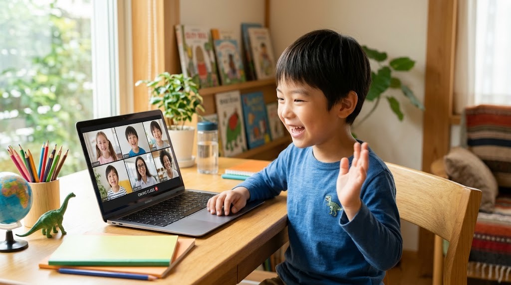 オンライン授業で、ノートパソコンの画面の向こうの世界中の友だちや先生と笑顔で話す子ども