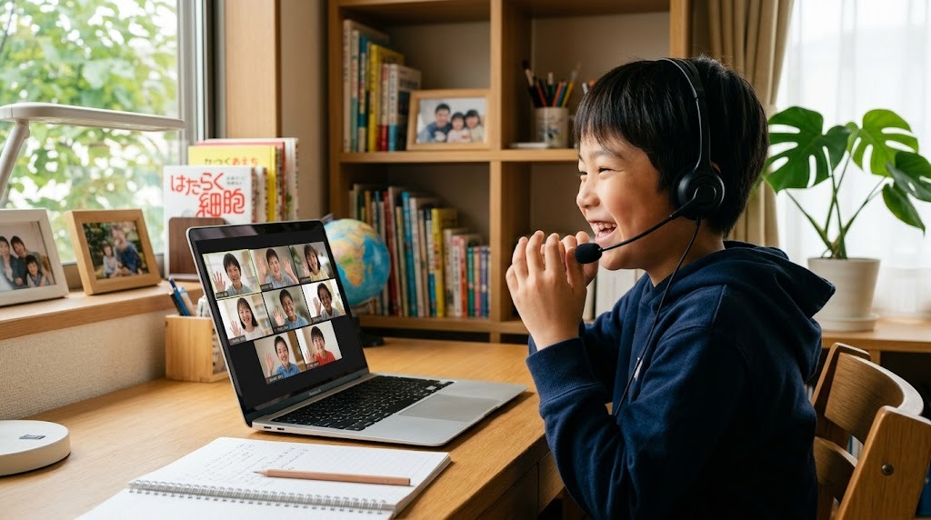 オンラインインターナショナルスクールの授業で、世界の友だちと笑顔で学ぶ子ども