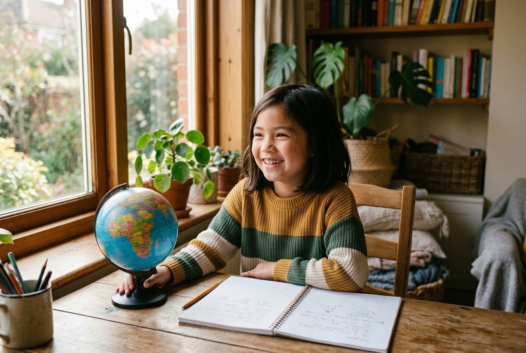 地球儀とノートを前に、世界とつながる学びに希望を抱いて微笑む子ども