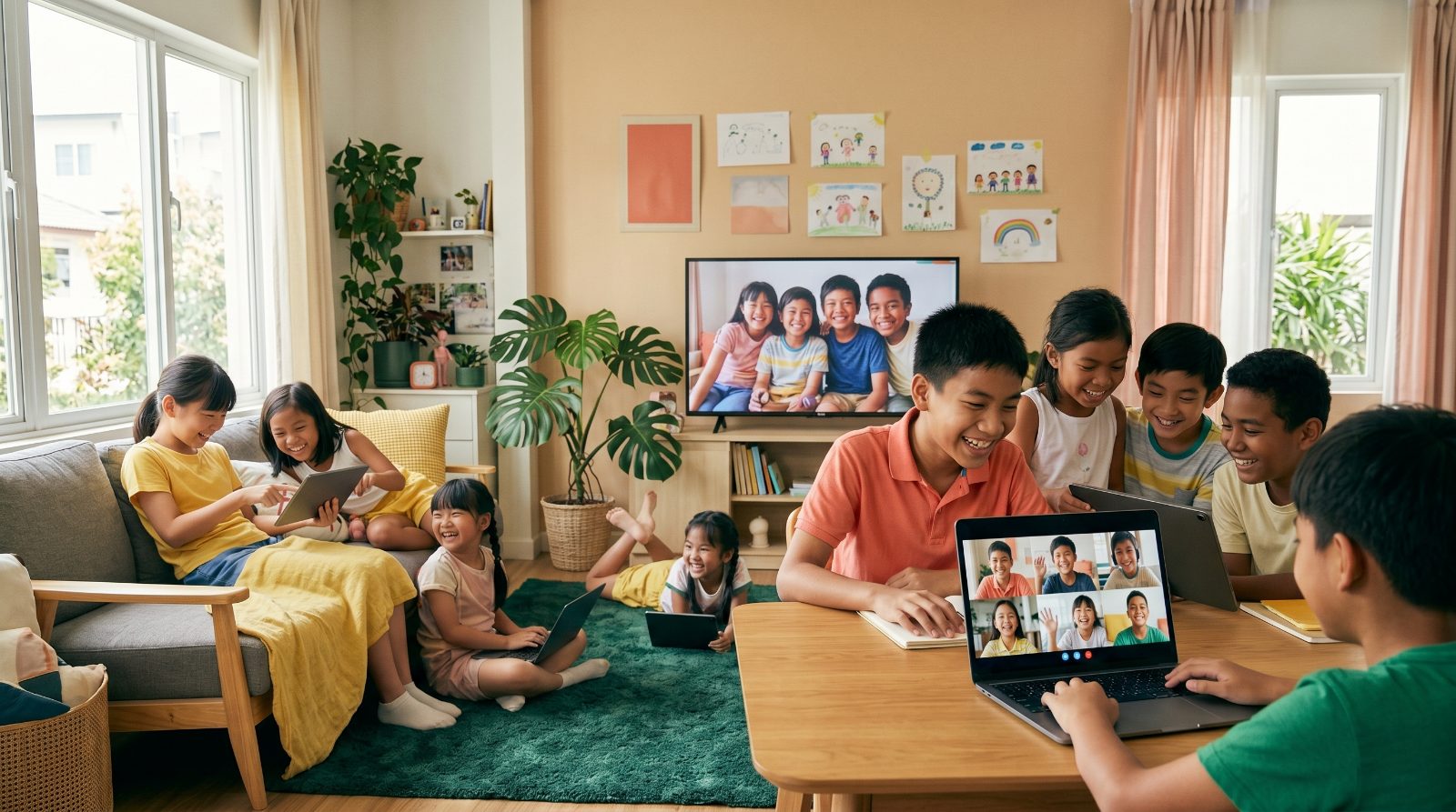 アジア・オセアニアの多様な子どもたちが、オンラインで世界の友達とつながり学び合う様子 / Diverse children across Asia and Oceania learning together online