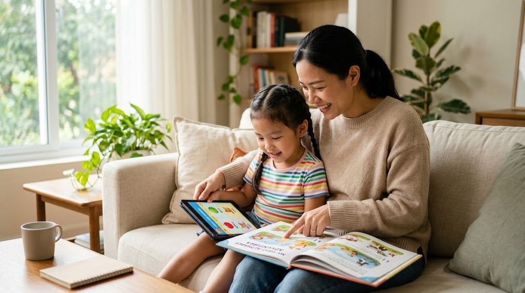 自宅のソファで、英語が得意でない母親が幼い子どもと一緒にタブレットと英語の絵本で楽しそうに学ぶ様子