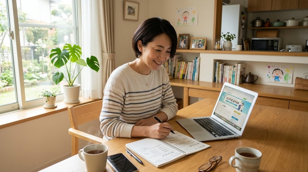 自宅のダイニングで子どもの教育費と進路を前向きに考える母親。インターナショナルスクールの学費を検討する様子