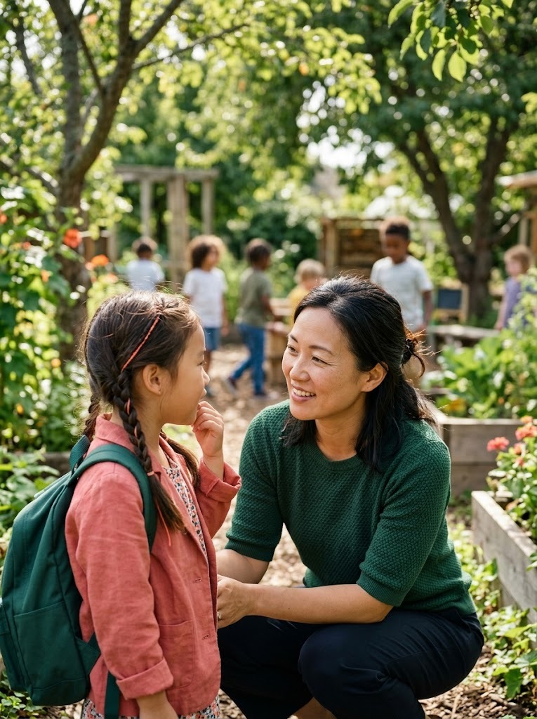 子どもの目線までしゃがんで耳を傾けるNGAの先生