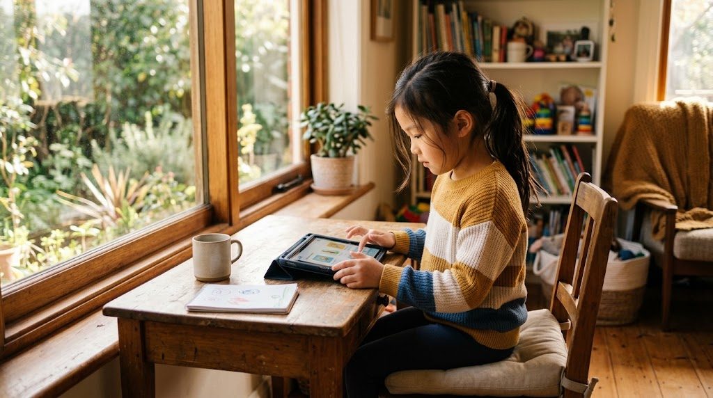 日の差す窓辺で、タブレットを使ってくつろぎながら学ぶ子どもの様子