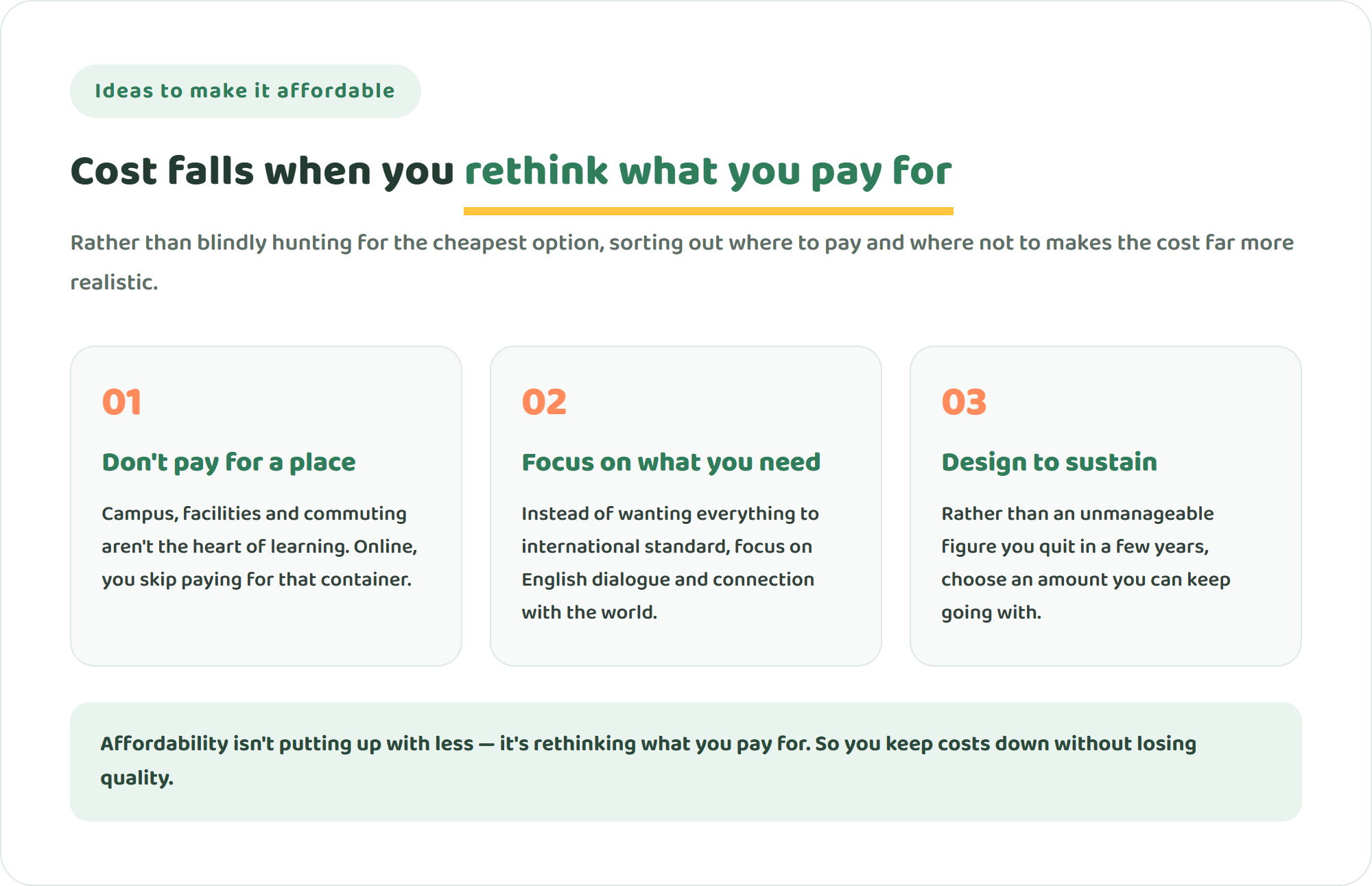 Three cards showing three ideas to make international education affordable — don't pay for a place, focus on the learning you need, and design a cost you can sustain
