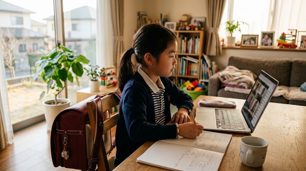 放課後、日本の家庭のリビングで小学生の子どもがノートパソコンでオンラインのインター授業を受けている温かい情景