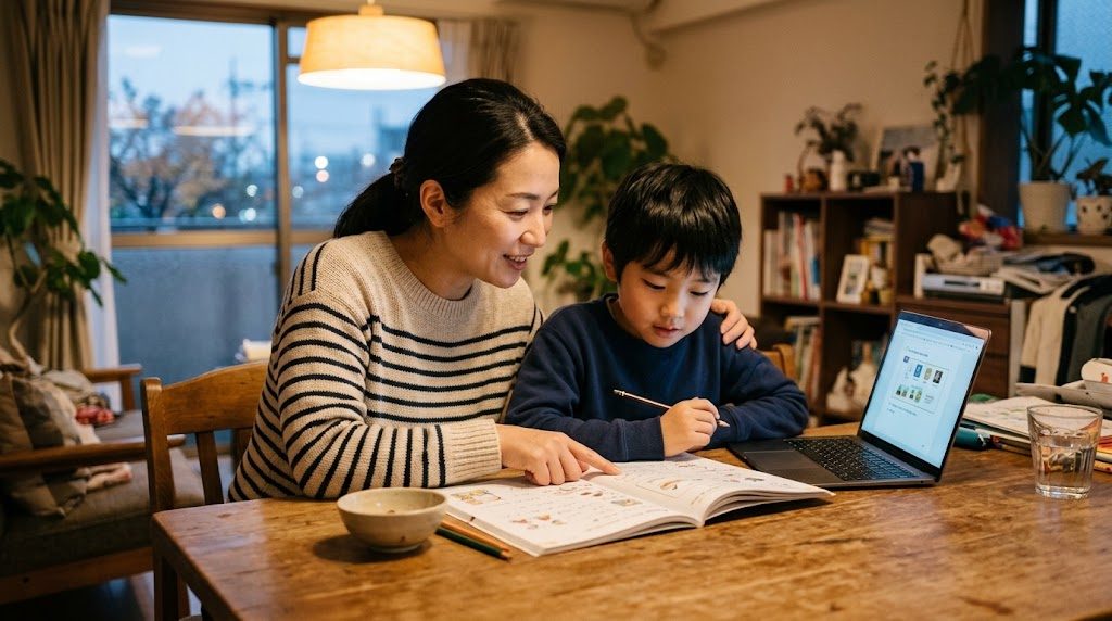 放課後に日本の家庭のダイニングで親子が英語の教材を一緒に見ながら笑顔で対話している温かい情景