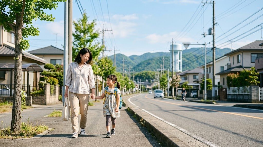 愛知県の郊外の街並みを背景に、朝の通学路を手をつないで歩く母親と小学生の子ども