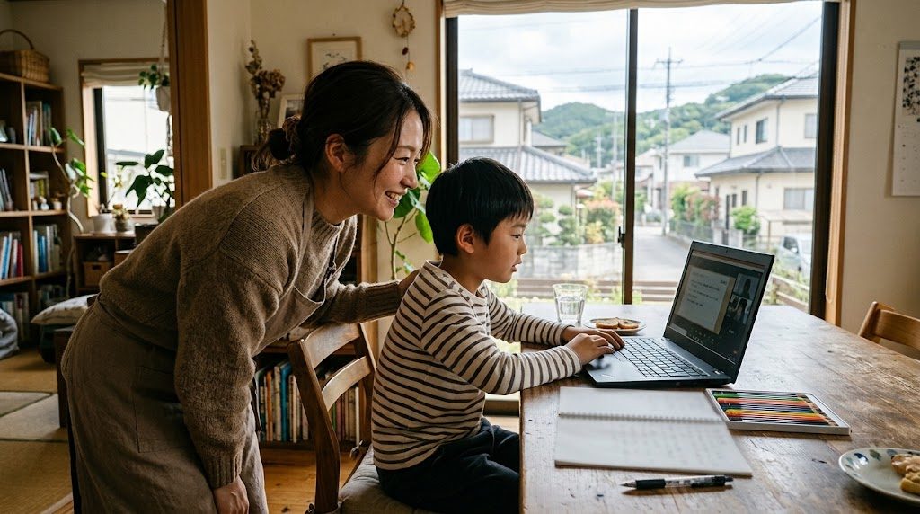 愛知県内の自宅ダイニングで、ノートパソコンに向かってオンライン授業に参加する子どもとそばで見守る保護者