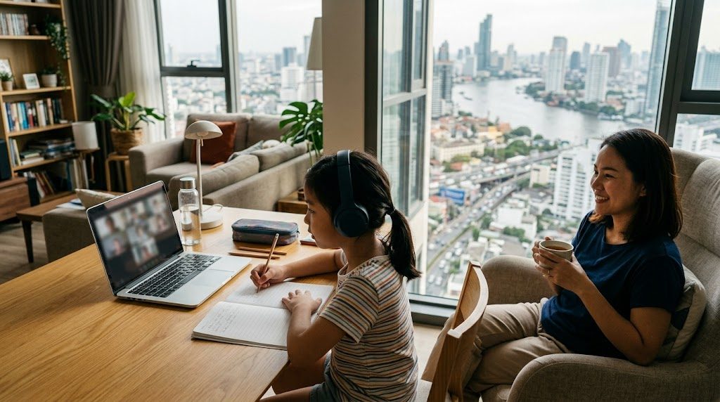 バンコクのコンドミニアムのリビングで、子どもがオンライン授業を受け、母親がそっと見守る様子