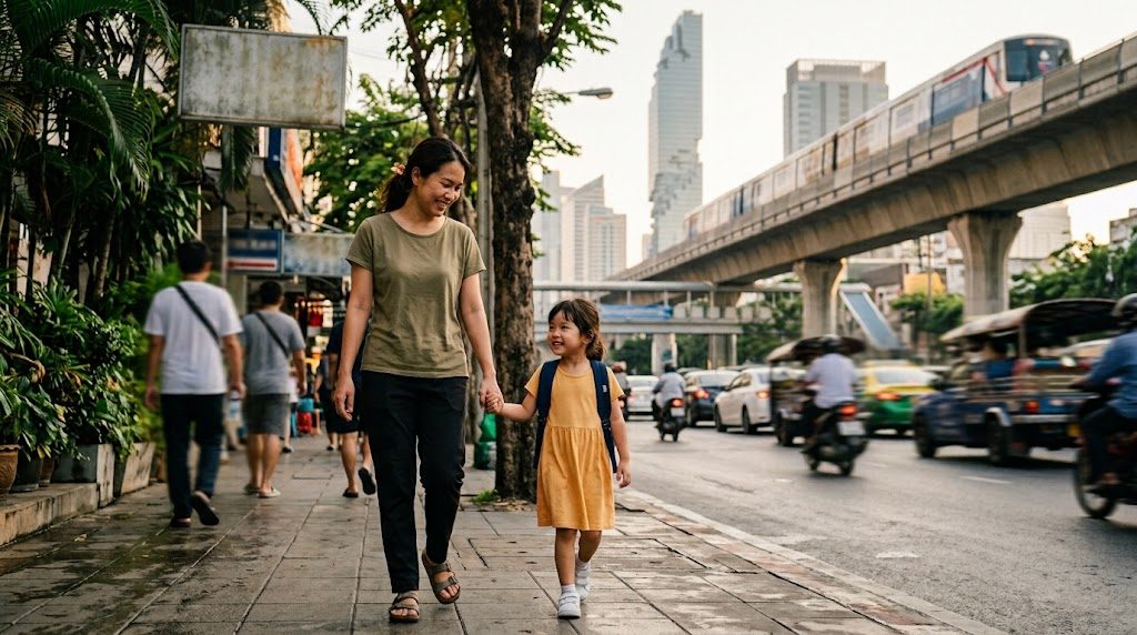 バンコクの高層ビルと高架鉄道を背景に、母親と子どもが手をつないで登校する朝の様子
