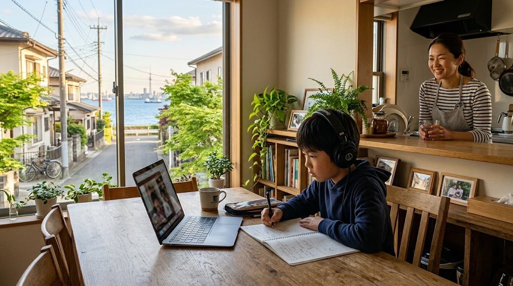 A child attending an online class at home in Chiba while a parent watches warmly from nearby