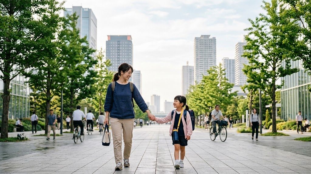 A parent and child walking to school on a wide Chiba sidewalk with the Makuhari high-rise skyline in the morning haze