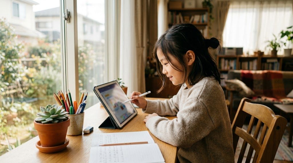 子どもが窓辺の机でタブレットを使い、落ち着いて家庭学習に取り組む様子