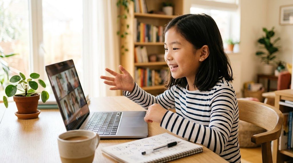 子どもがノートパソコンのビデオ通話で自信をもって話す様子
