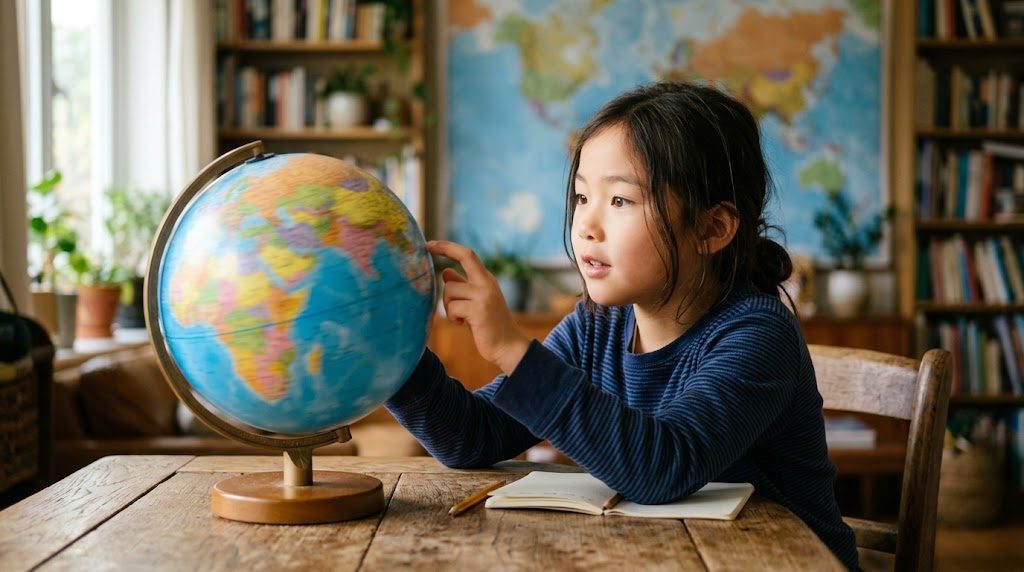 子どもが地球儀を回し、世界への好奇心に目を輝かせる様子
