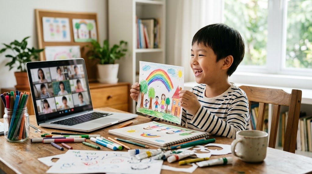 子どもがオンライン授業で自分の描いた絵を笑顔で見せる様子