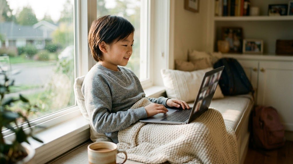不登校の子どもが自宅の窓辺で毛布にくるまり、安心した表情でオンライン授業を受ける様子