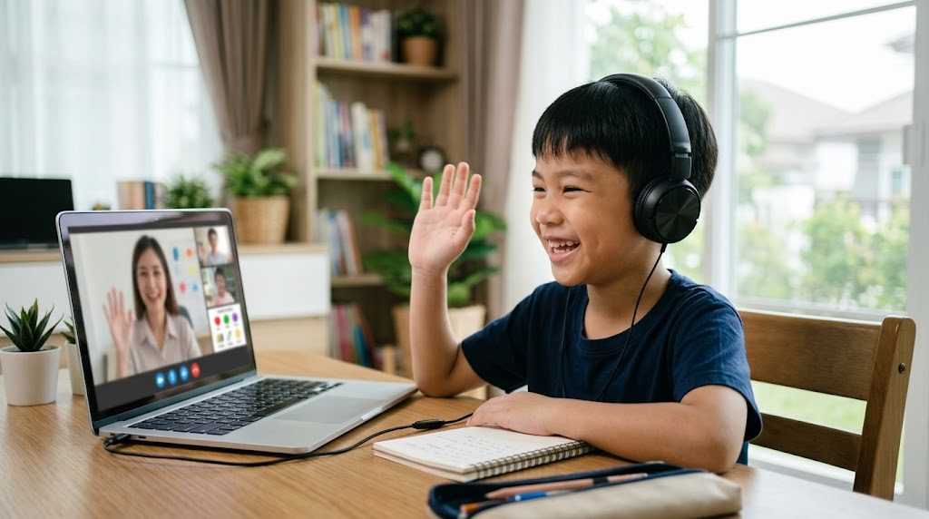 男の子がヘッドホンをつけ、オンライン英語レッスンで画面に笑顔で手を振る様子