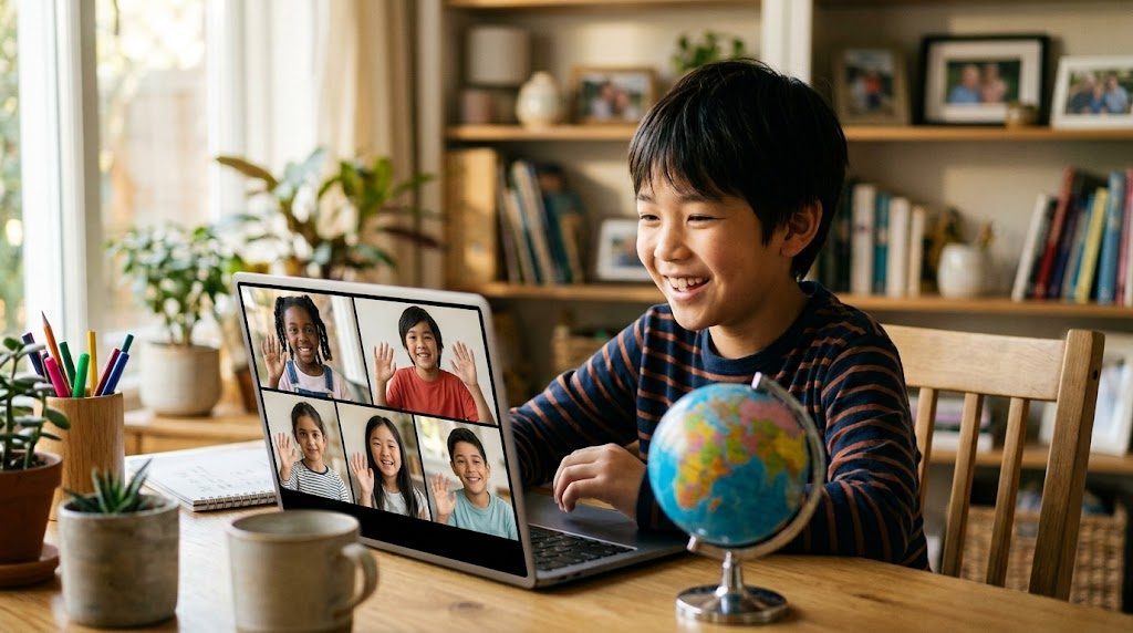 子どもが地球儀のそばで、世界の多様な仲間とのビデオ通話を笑顔で見つめる様子