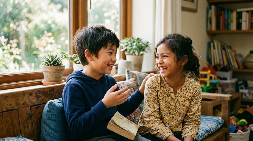 背景の異なる二人の子どもが窓辺で英語で楽しそうに会話し笑い合う様子