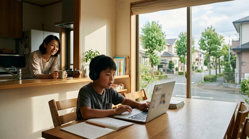 A child attending an online class at home in Chofu while a parent watches warmly from nearby