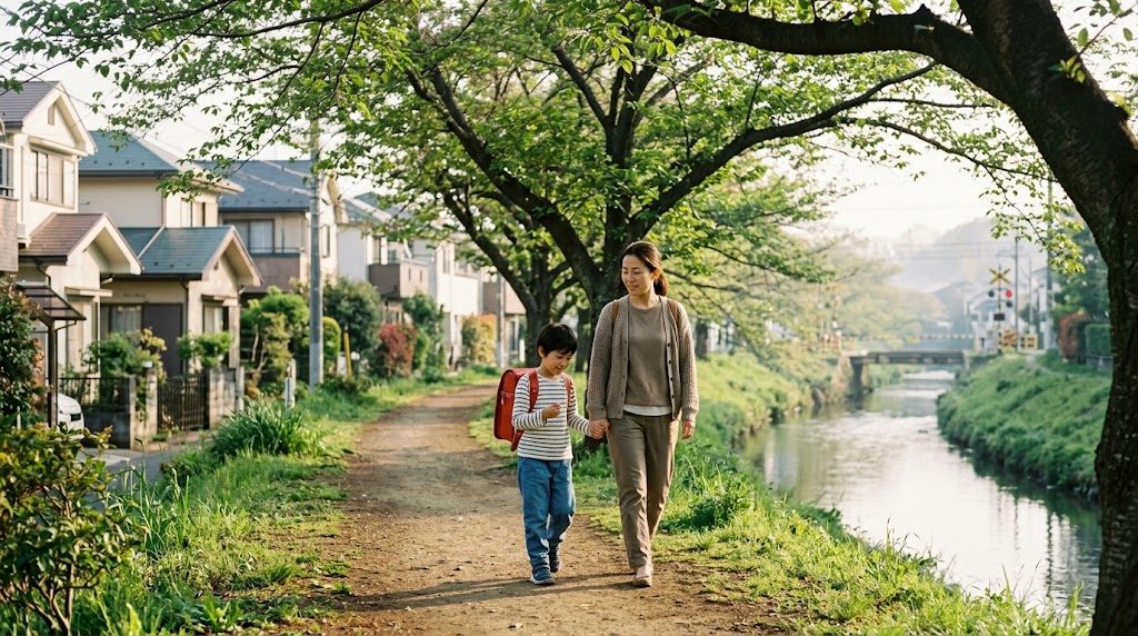 A parent and child walking to school along a green riverside path in Chofu, western Tokyo, in the morning