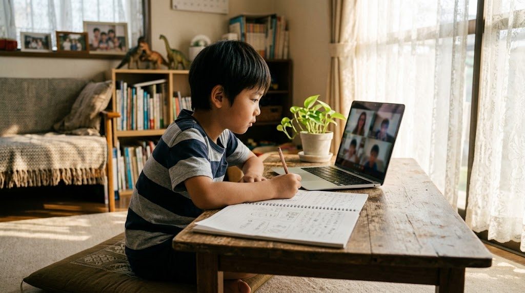 日本の家庭のリビングで小学生の子どもがノートパソコンでオンラインのインター授業を受けている温かい情景