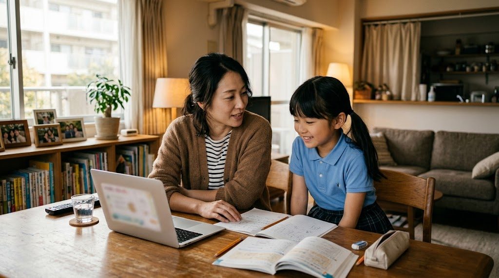 放課後に日本の家庭のダイニングで親子が英語の学習を一緒に見ながら対話している温かい情景