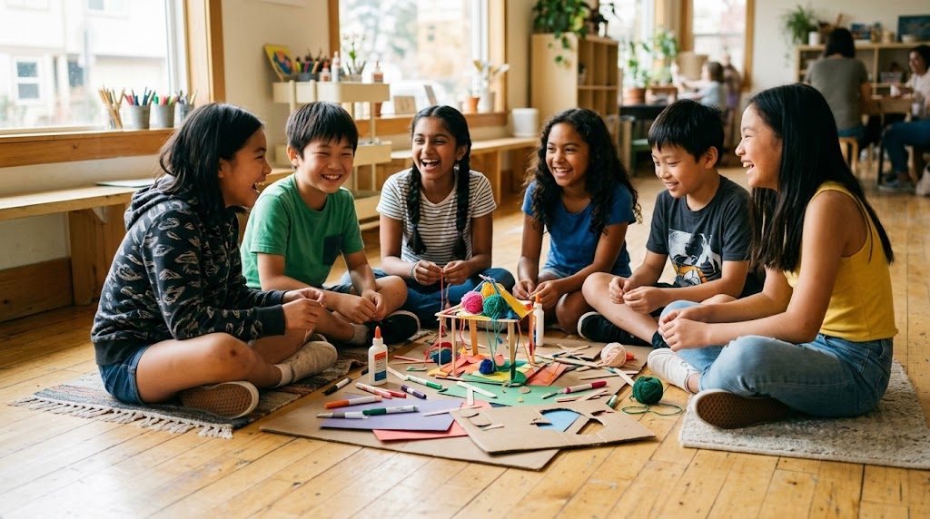 多様なアジアの子どもたちが輪になって笑顔で協働し、工作に取り組む様子