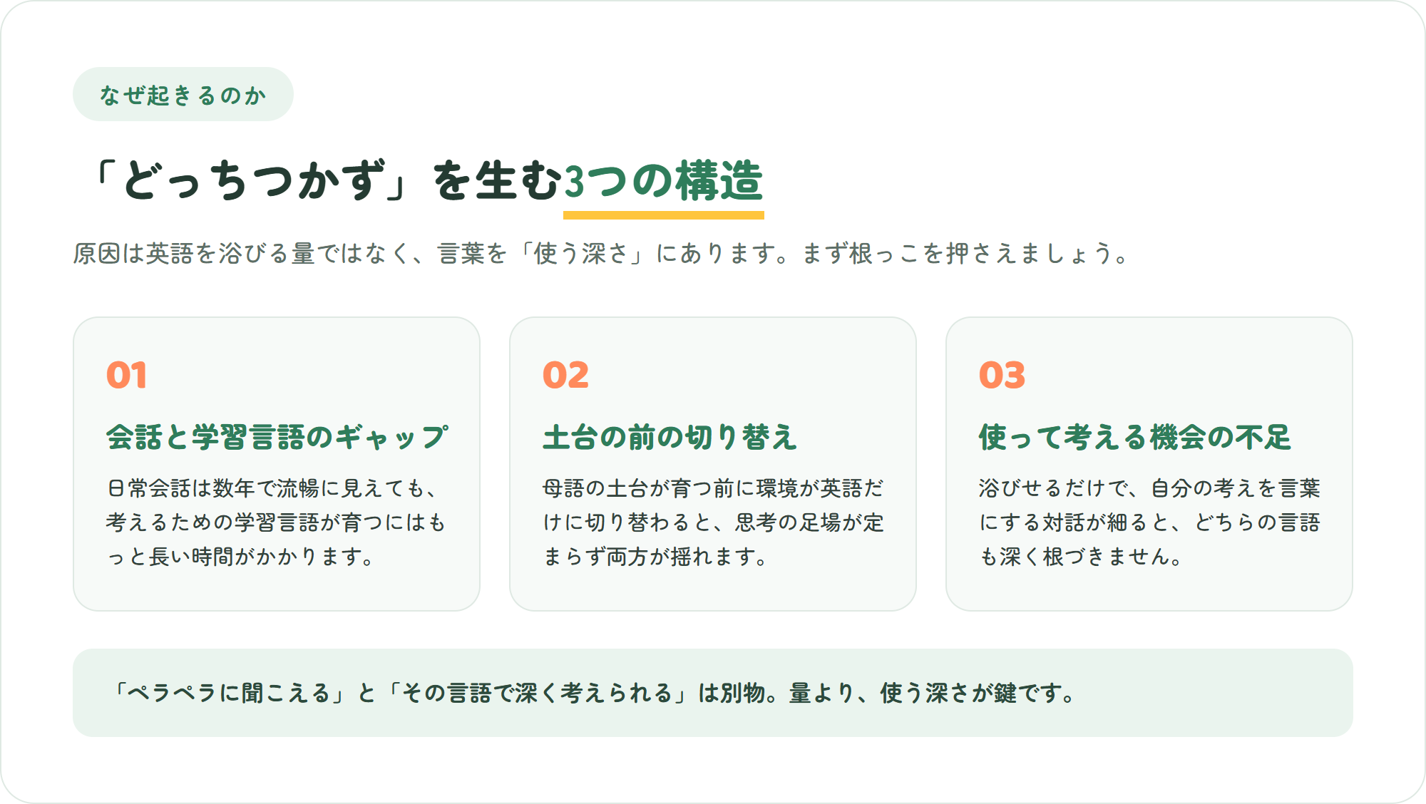 ダブルリミテッドが起きやすくなる3つの構造的な原因を示した図。生活言語と学習言語のギャップ・母語の土台が育つ前の切り替え・言葉を使って考える機会の不足