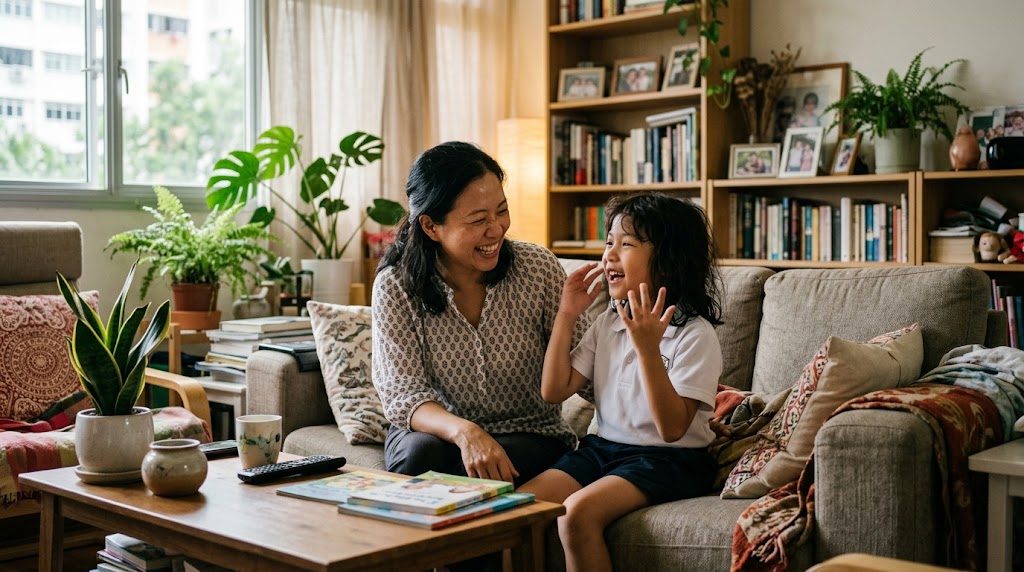 A parent and child talking happily in their home language on a living-room sofa, the parent listening closely