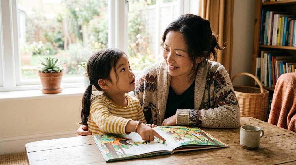 A parent and young child reading a picture book together by a bright window, the child pointing at the page