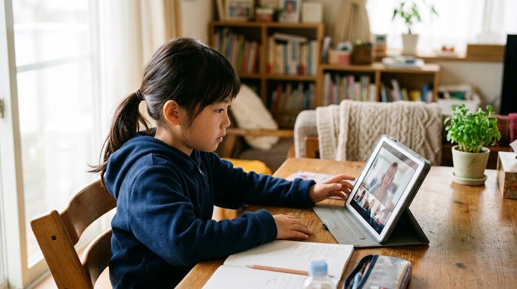 日本の家庭のリビングで、小学生の子どもがタブレットに向かってオンラインのインター授業を受けている温かい情景