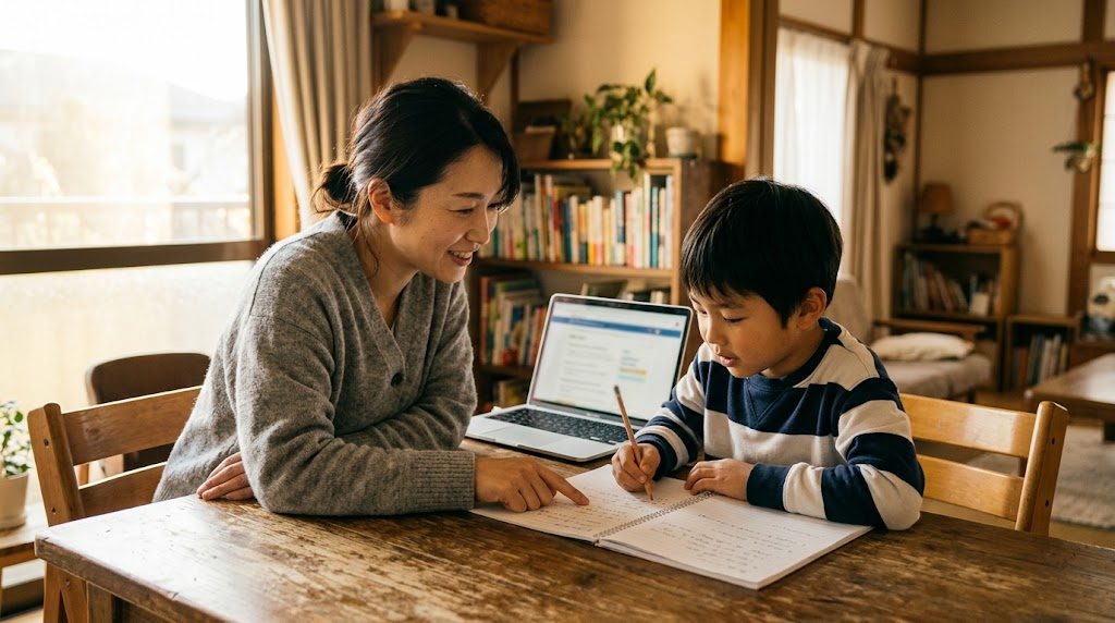 放課後、日本の家庭のダイニングで親子が英語の宿題を一緒に見ながら笑顔で対話している温かい情景