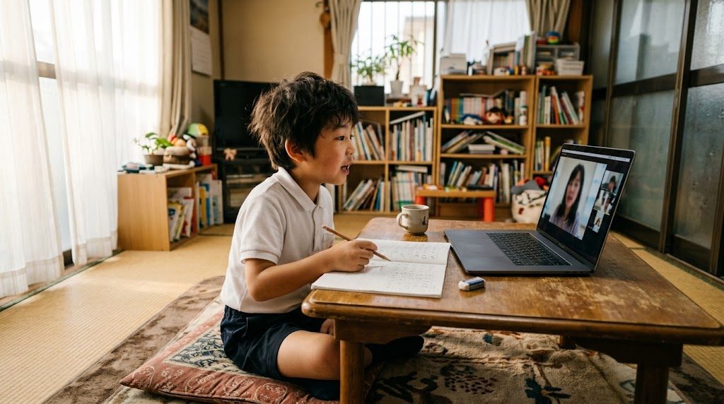 日本のリビングでノートパソコンに向かい、海外の先生とオンラインで学ぶ小学生