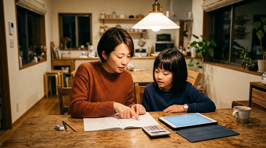 A parent and child talking about education costs at the dining table