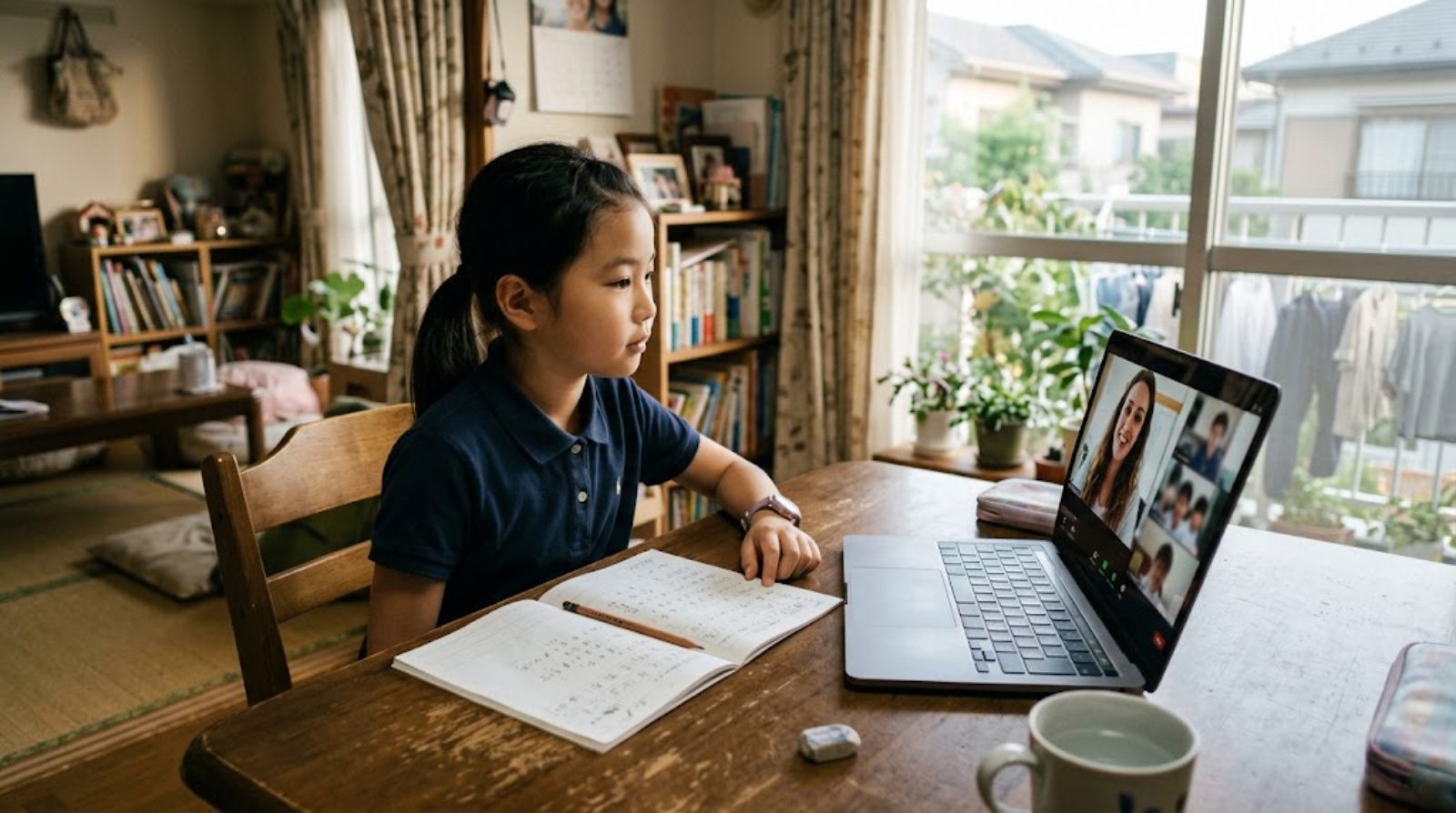 日本のリビングでノートパソコンに向かい、海外の先生とオンラインで学ぶ小学生の子ども
