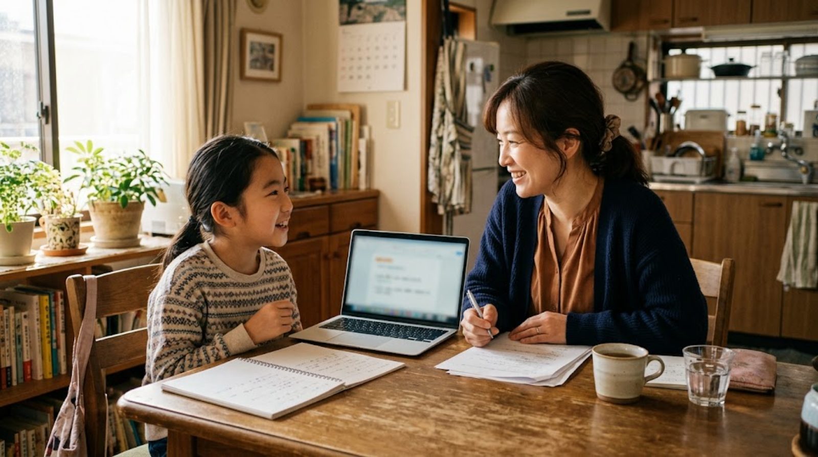 ダイニングテーブルで子どもの学びについて笑顔で話し合う日本の親子