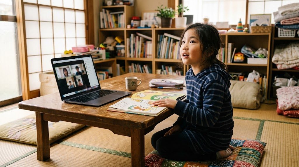 日本の自宅のリビングで、日本語の本を開いたままノートパソコンのオンライン授業に参加する小学生