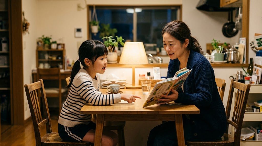 ダイニングテーブルで日本語の絵本を一緒に読み、子どもの話に耳を傾ける日本の親子