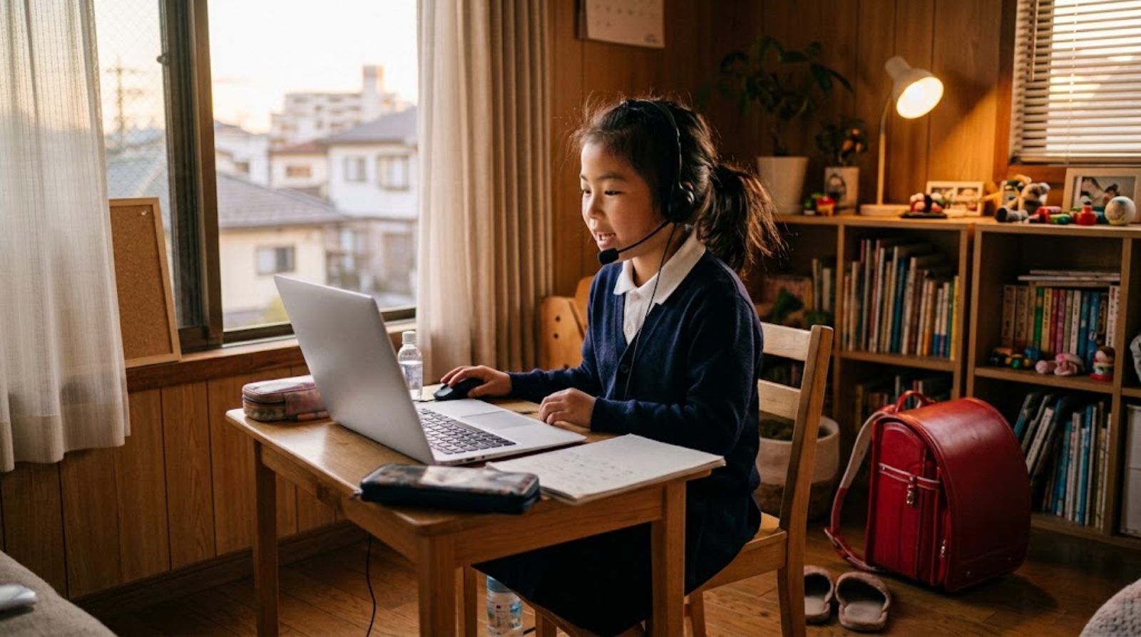 日本の自宅で放課後にヘッドセットを着け、オンラインの授業に参加する小学生の子ども