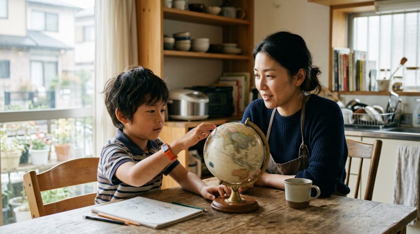 キッチンのテーブルに地球儀を置き、子どもの学びについて話す日本の親子