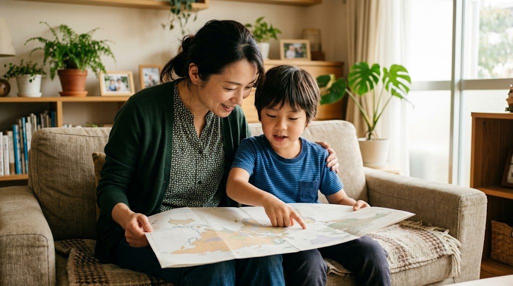 リビングのソファに並んで座り、世界地図を見ながらこれからの学びについて話す日本の親子