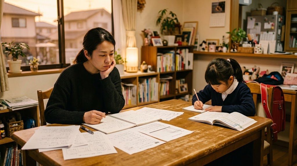日本の自宅のダイニングで、教育移住について資料を広げて考え込む保護者と、そばで宿題をする子ども