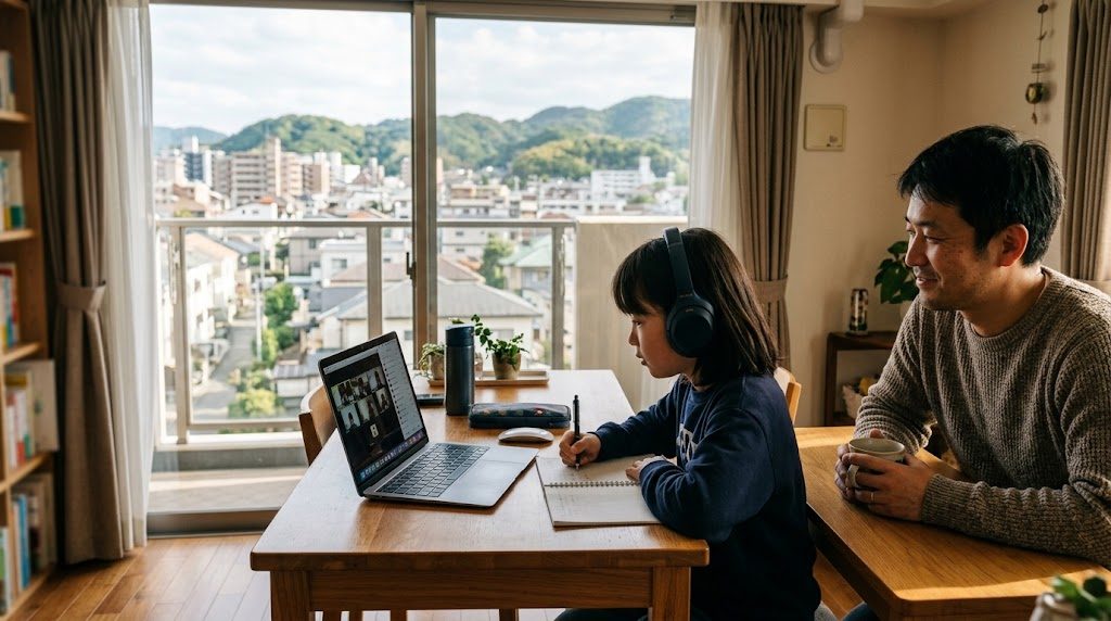 福岡の自宅で、子どもがノートパソコンでオンライン授業に参加し、父親がそばで穏やかに見守る様子