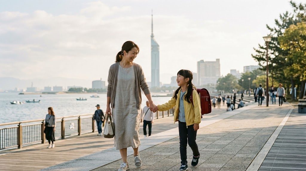 朝の福岡・百道の海沿いの道を、通学かばんを持った子どもと母親が手をつないで歩く様子（背景に福岡タワー）