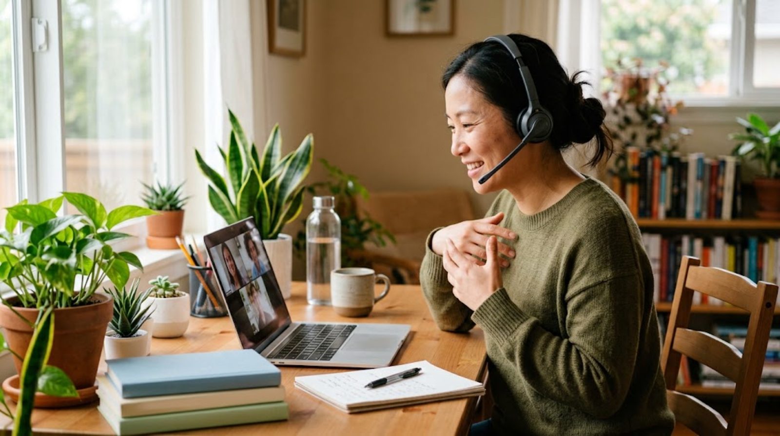 A teacher in a headset leaning in to listen and talk with children through the screen during a small-group online lesson from a bright home desk