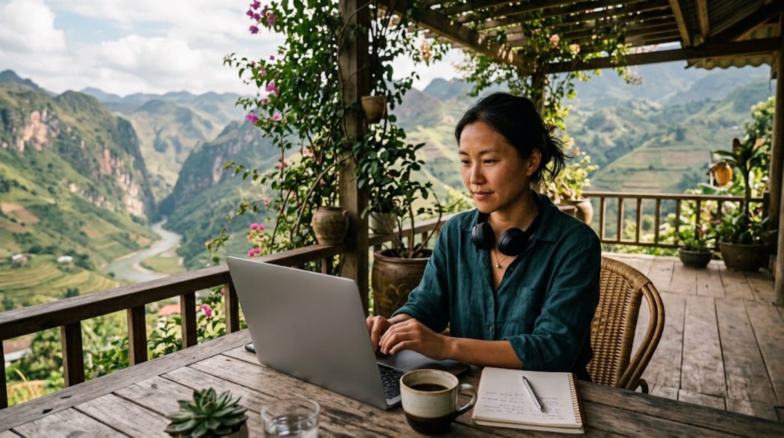 A remote teacher in their thirties working on a laptop on a terrace overlooking the sea while traveling, a fully remote way of teaching from anywhere in the world