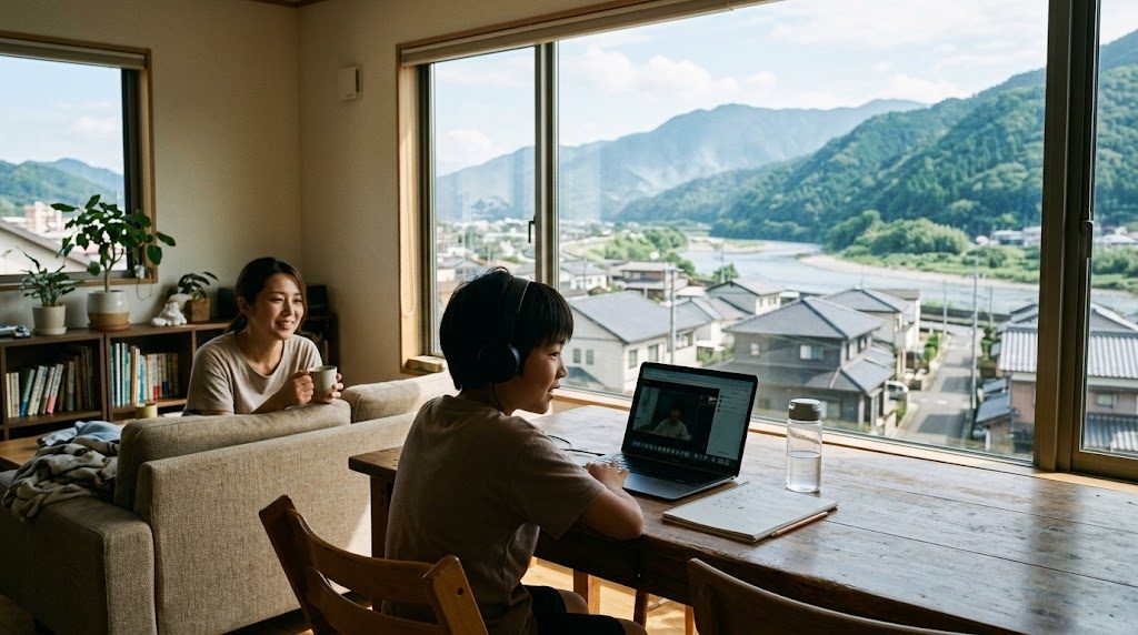 岐阜県の自宅リビングで、子どもがノートパソコンでオンライン授業を受け、そばで母親が穏やかに見守る様子